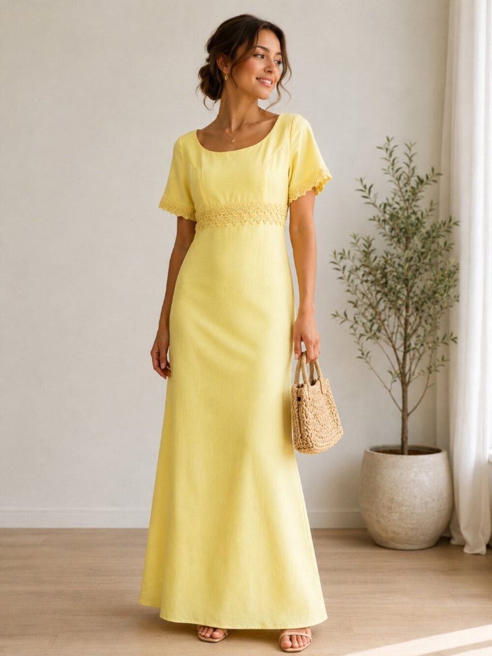 Vintage 50s 60s Handmade Buttery Yellow Empire Waist Bow Accent Maxi Dress S